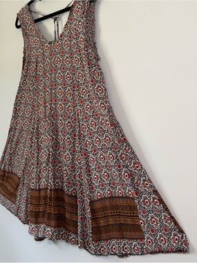 Hem and Thread Bohemian Rust Red & Black Printed Swing Dress size M